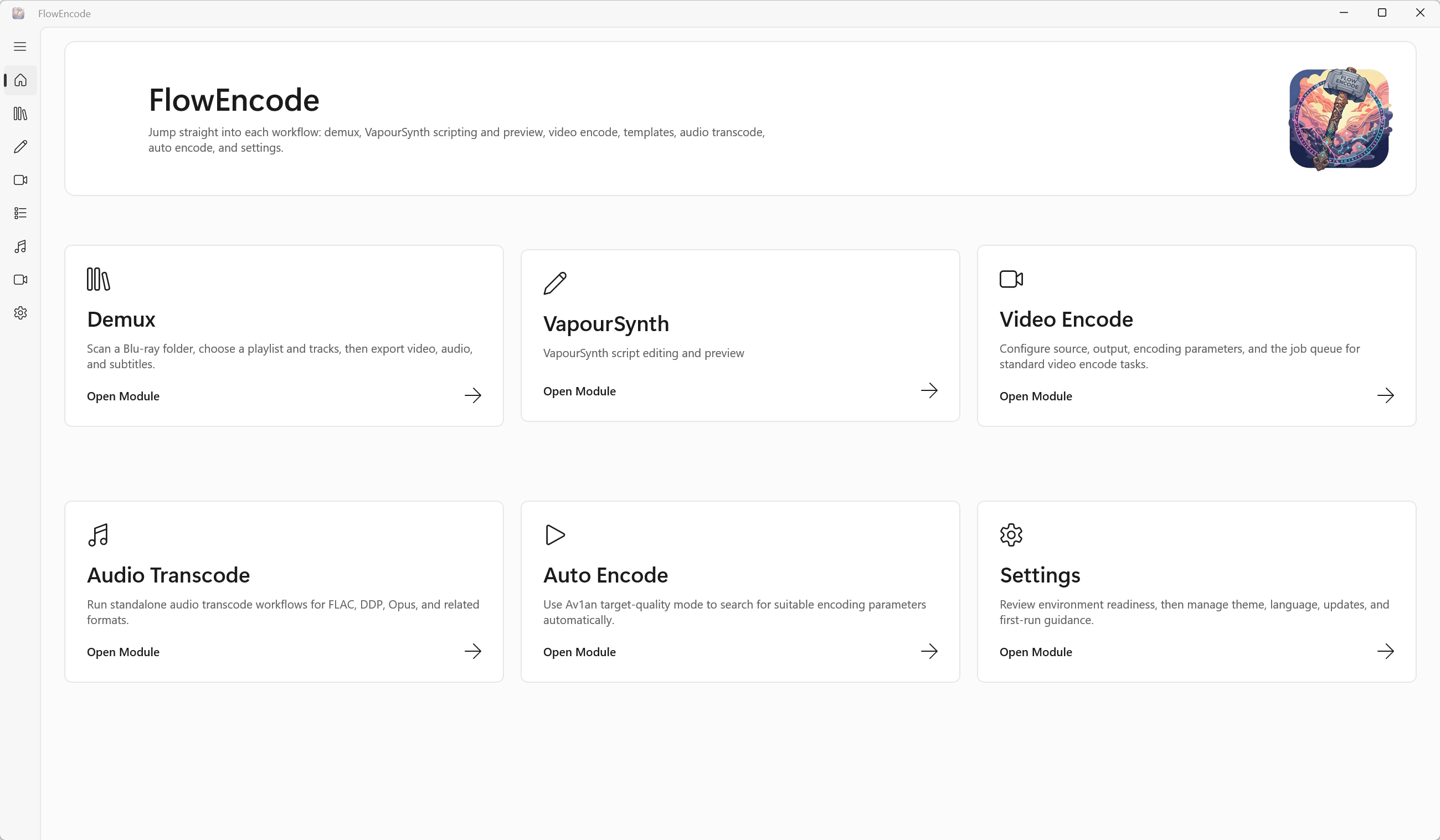 FlowEncode English dashboard showing video encoding tasks, workflow settings and runtime status
